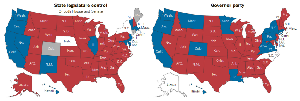 Republicans hold control of the governor's office and the legislature in 24 states, while Democrats have that status in only six, according to this New York Times graphic.