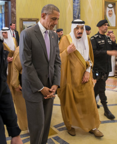 President Obama with King Salman at Erga Palace in Riyadh, Saudi Arabia, on Wednesday, April 20. Photo by Stephen Crowley / NY Times