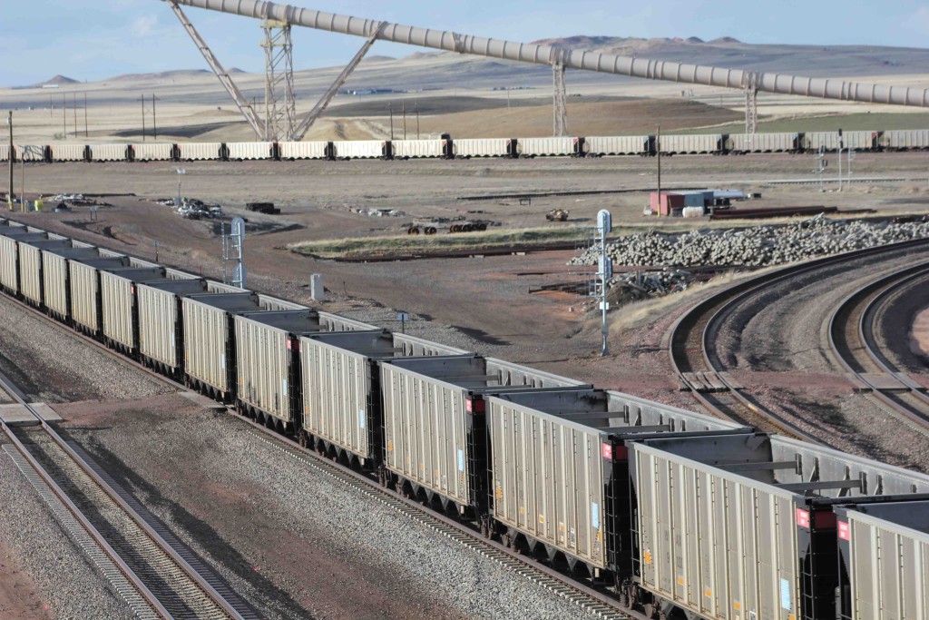 Unit trains awaiting loading at Black Thunder. 120 cars carry 120 tons each.