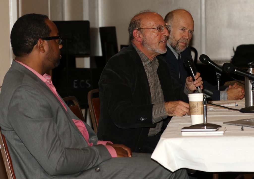 L to R: Cecil Corbin-Mark, Komanoff, James Hansen